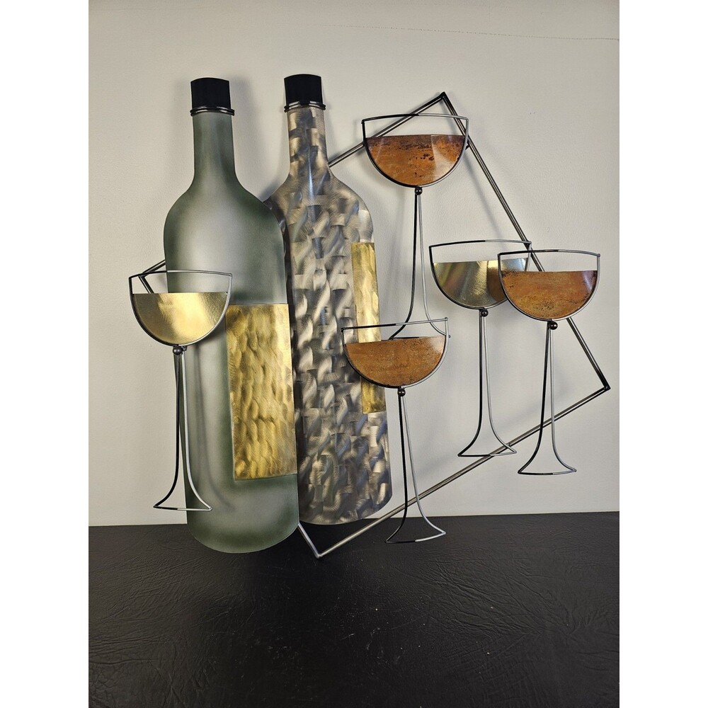 Vintage BRUTALIST WINE BOTTLE + GLASSES Metal Wall Art Sculpture att Curtis Jere